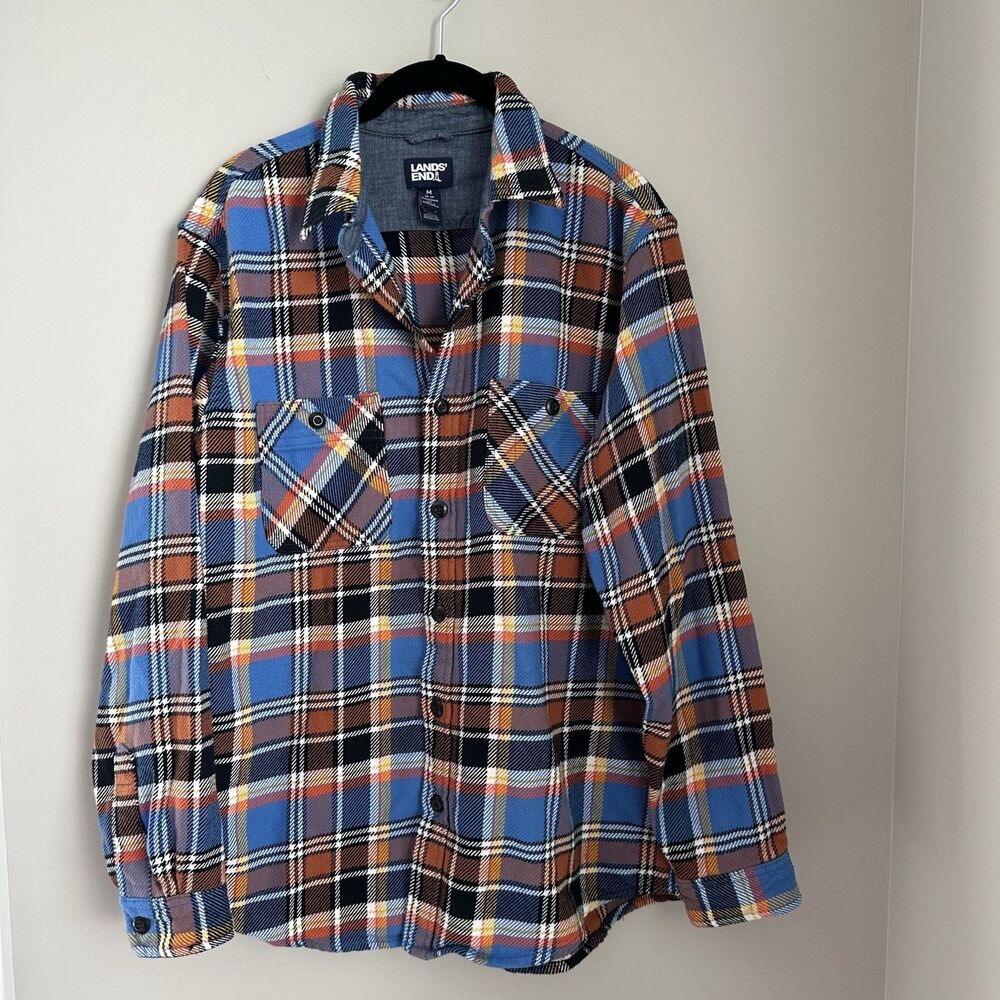 Lands End Fleece Shirt Men's Medium Multicolor Tartan Plaid Camp Chore Outdoor